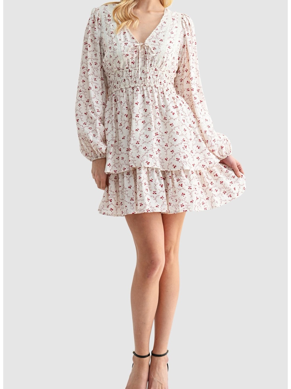 Lush Cream Mini Dress with Red Floral Print - NWOT